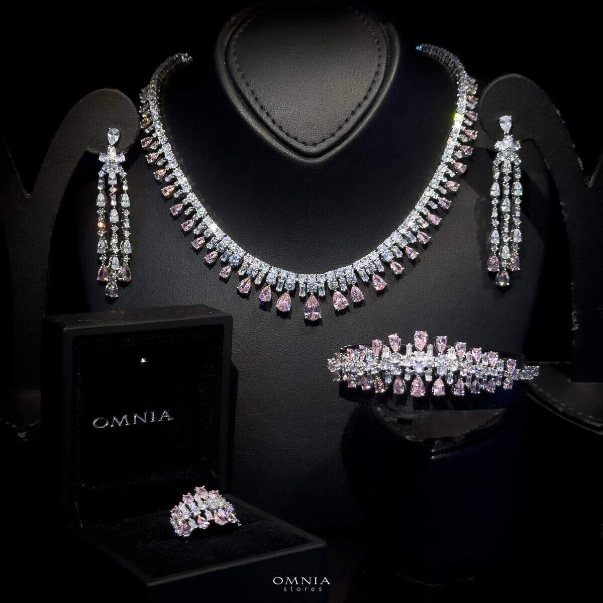 Omnia Nisrine Pink Bridal Full Set in High Quality Zircon Stone in Rhodium Plated image number null