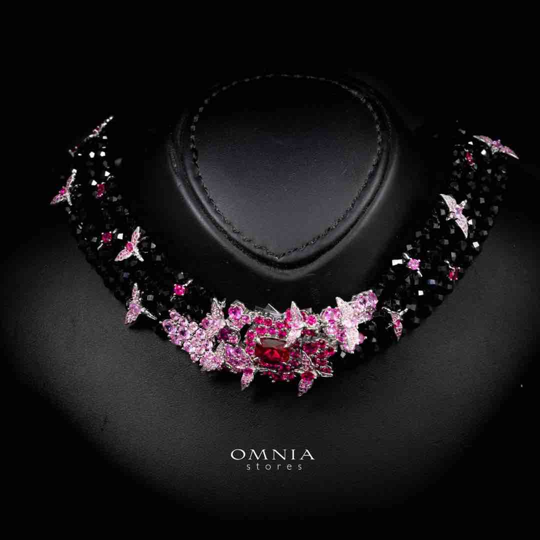 Omnia Blossom Black Beads Necklace in 925 Silver with High Quality Simulated Diamonds image number null