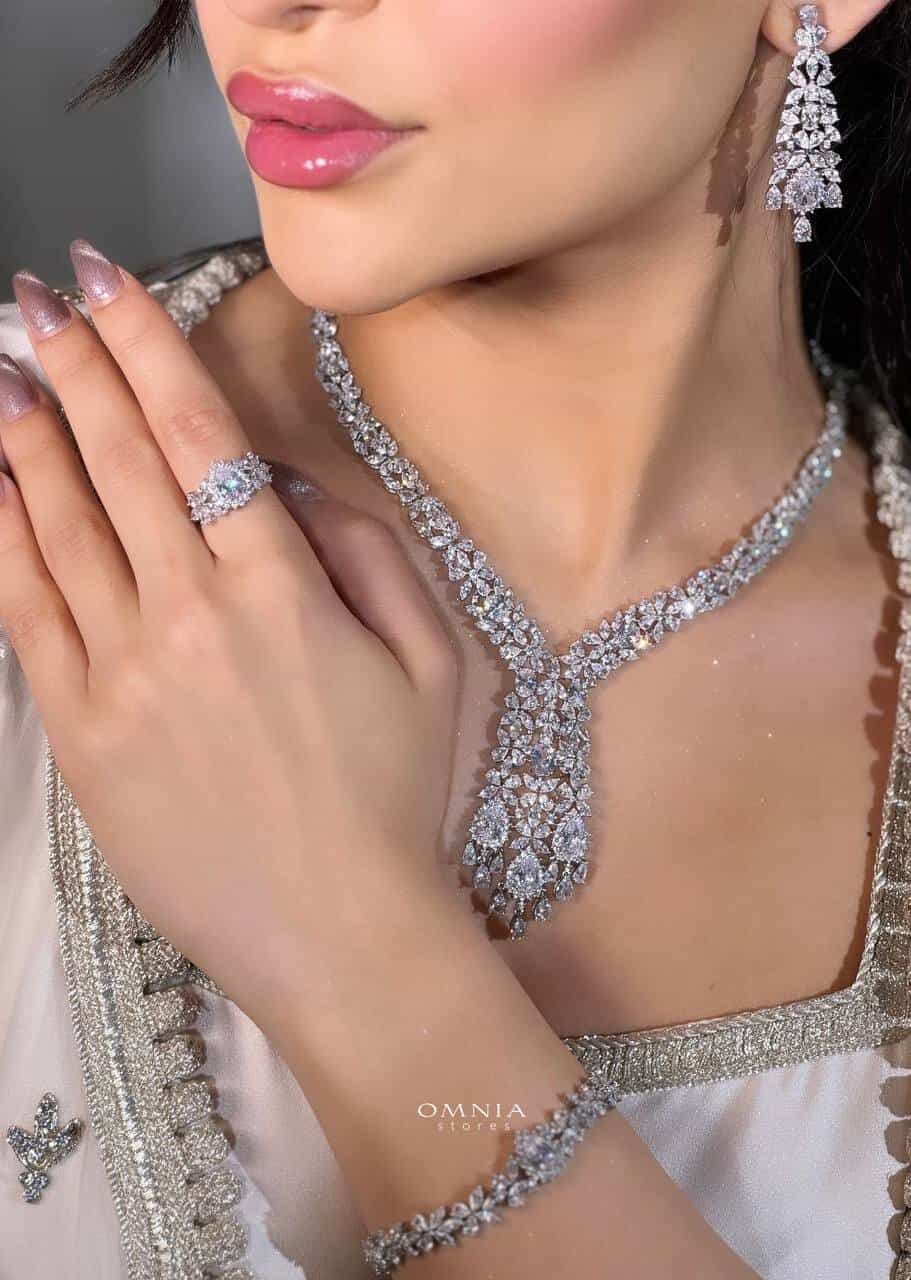 Omnia Shamma White Bridal Full Set High Quality Zircon Stone in Rhodium Plated image number null