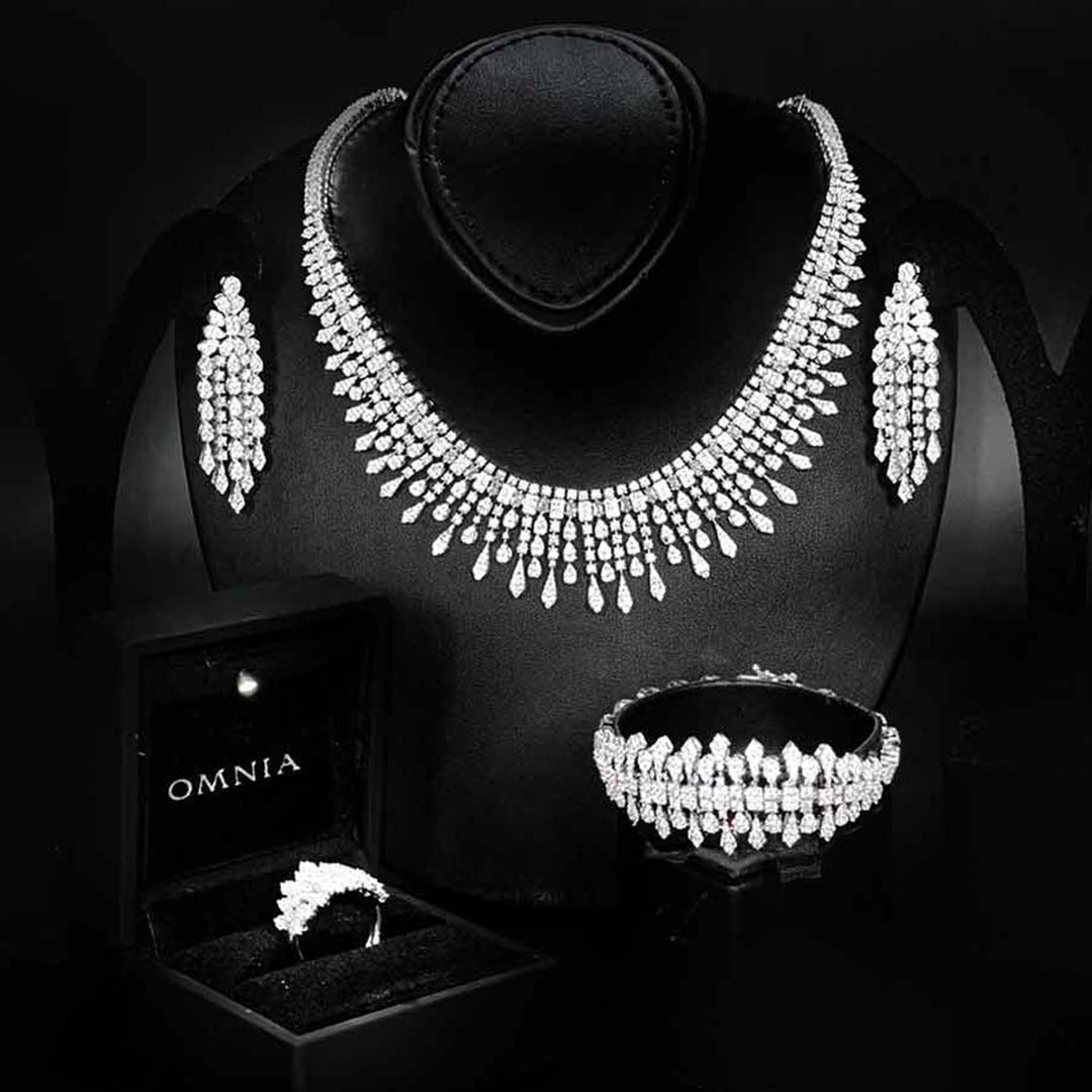 Omnia Ahlina White Bridal Full Set in High Quality Zircon Stone Rhodium Plated image number null