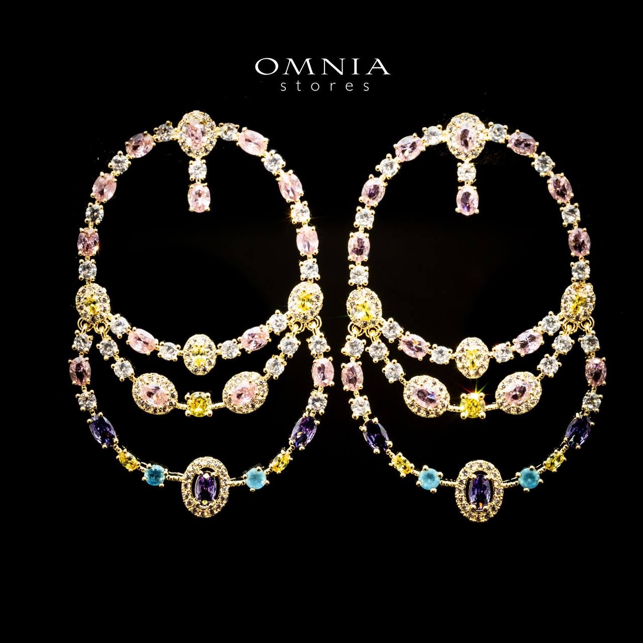 Omnia Laila Layered Earrings with Multicolor Zircon in High Quality Rhodium Plated image number null
