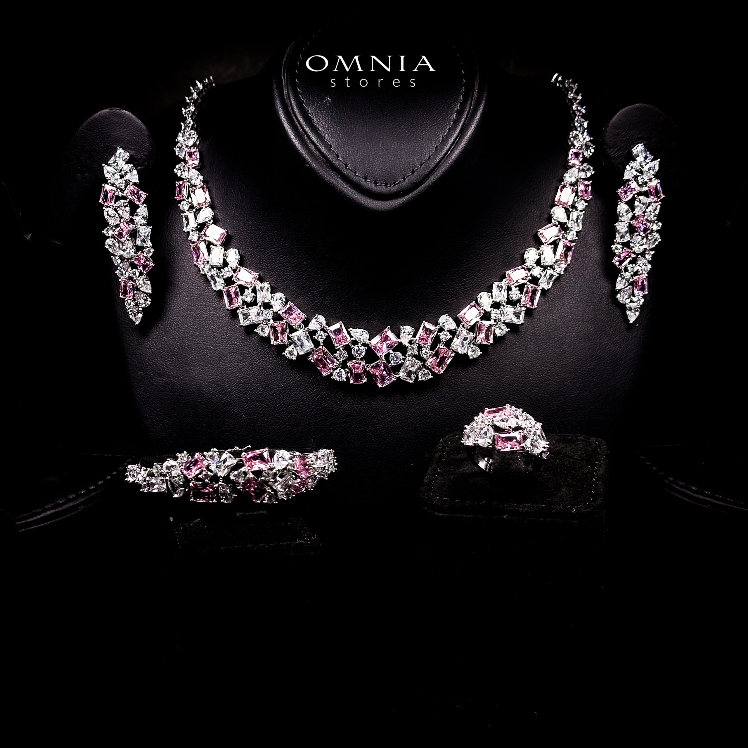 Omnia Anastasia Pink Luxury Bridal Full Set in High Quality Zircon Stone in Rhodium Plated image number null