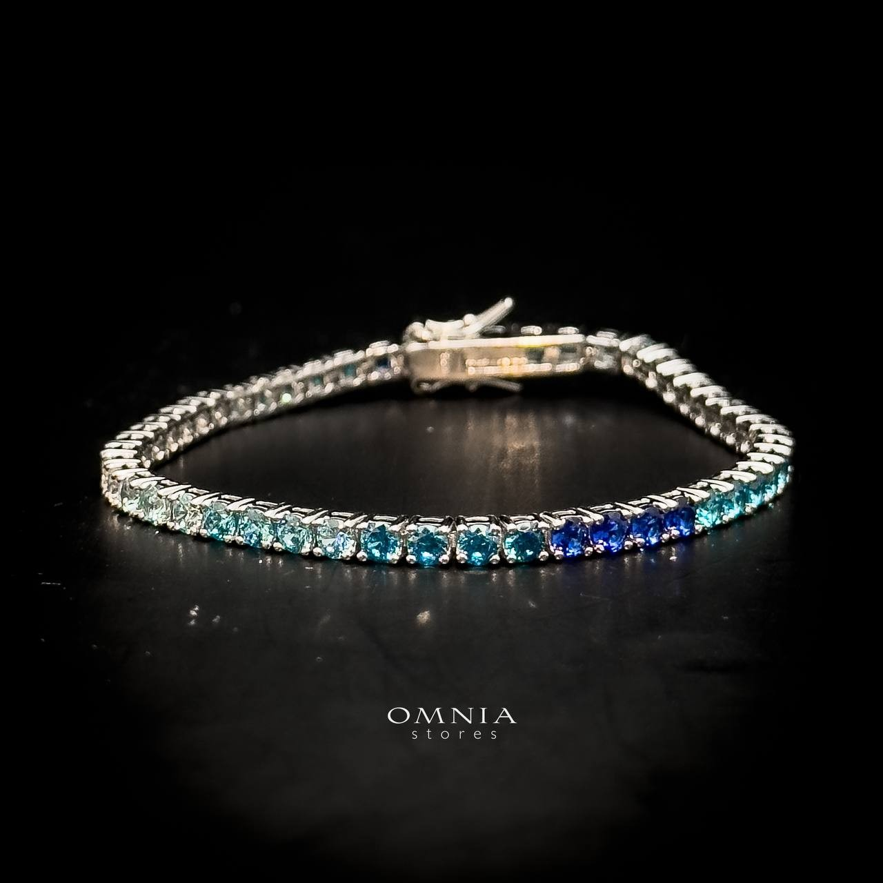 Omnia Tasneem Blue 3mm Tennis Bracelet in 92.5 Silver High Quality Simulated diamonds image number null
