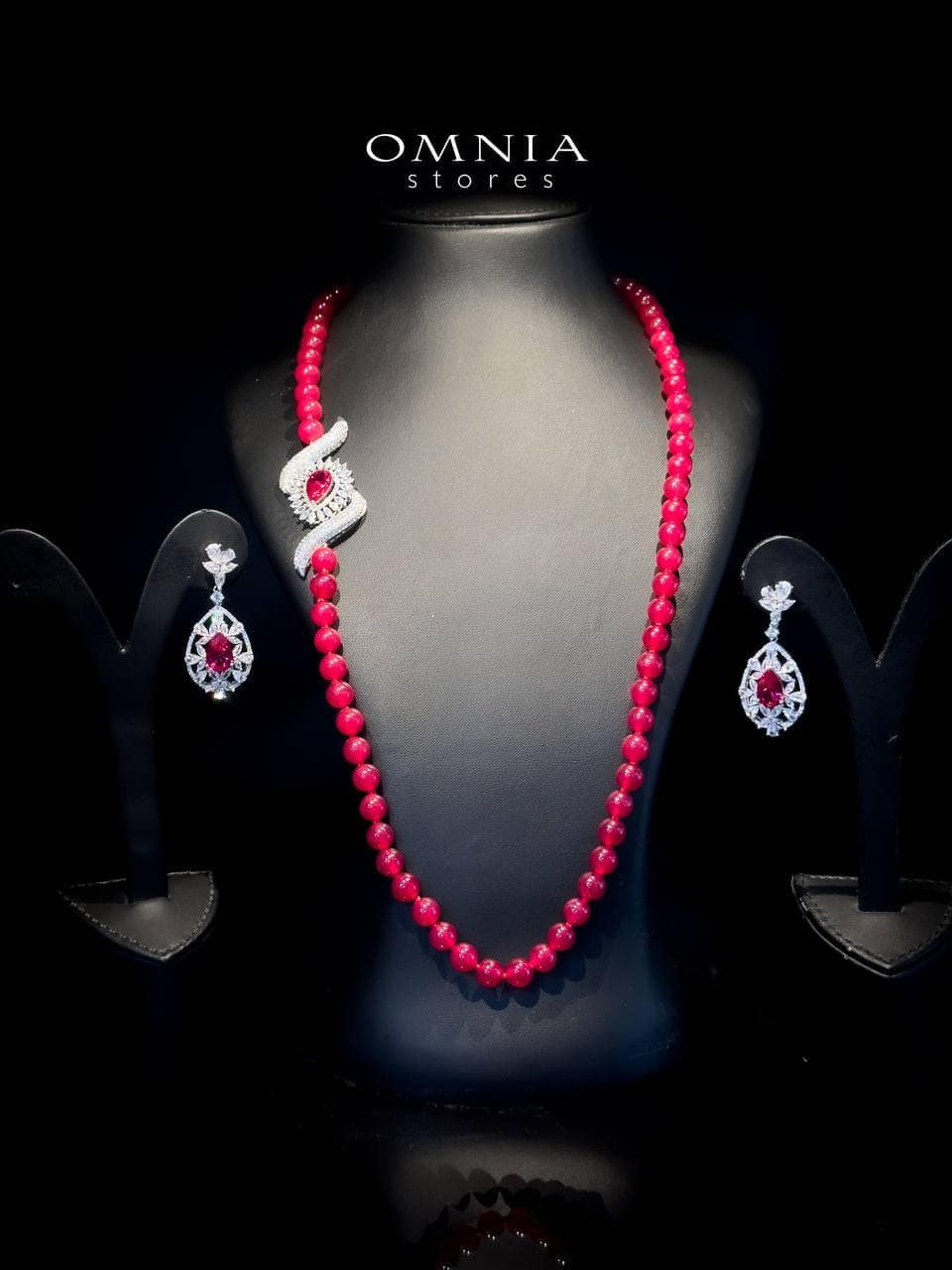 Omnia Irim Red Long Chain Set in High Quality Real Beads 92.5 Pure Silver Rhodium Plated image number null