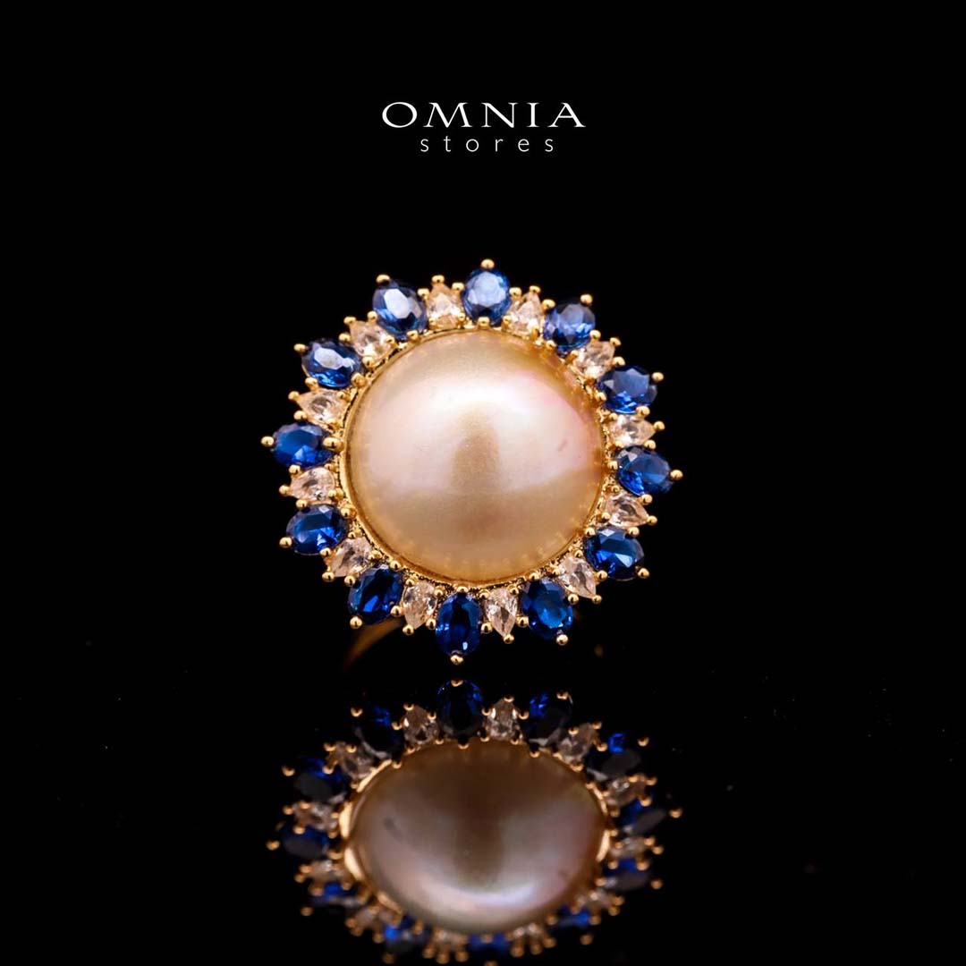 Omnia Celeste White Mabel Pearl Halo Ring with Blue Sapphire Accents in Brass with Gold Plated Finish image number null