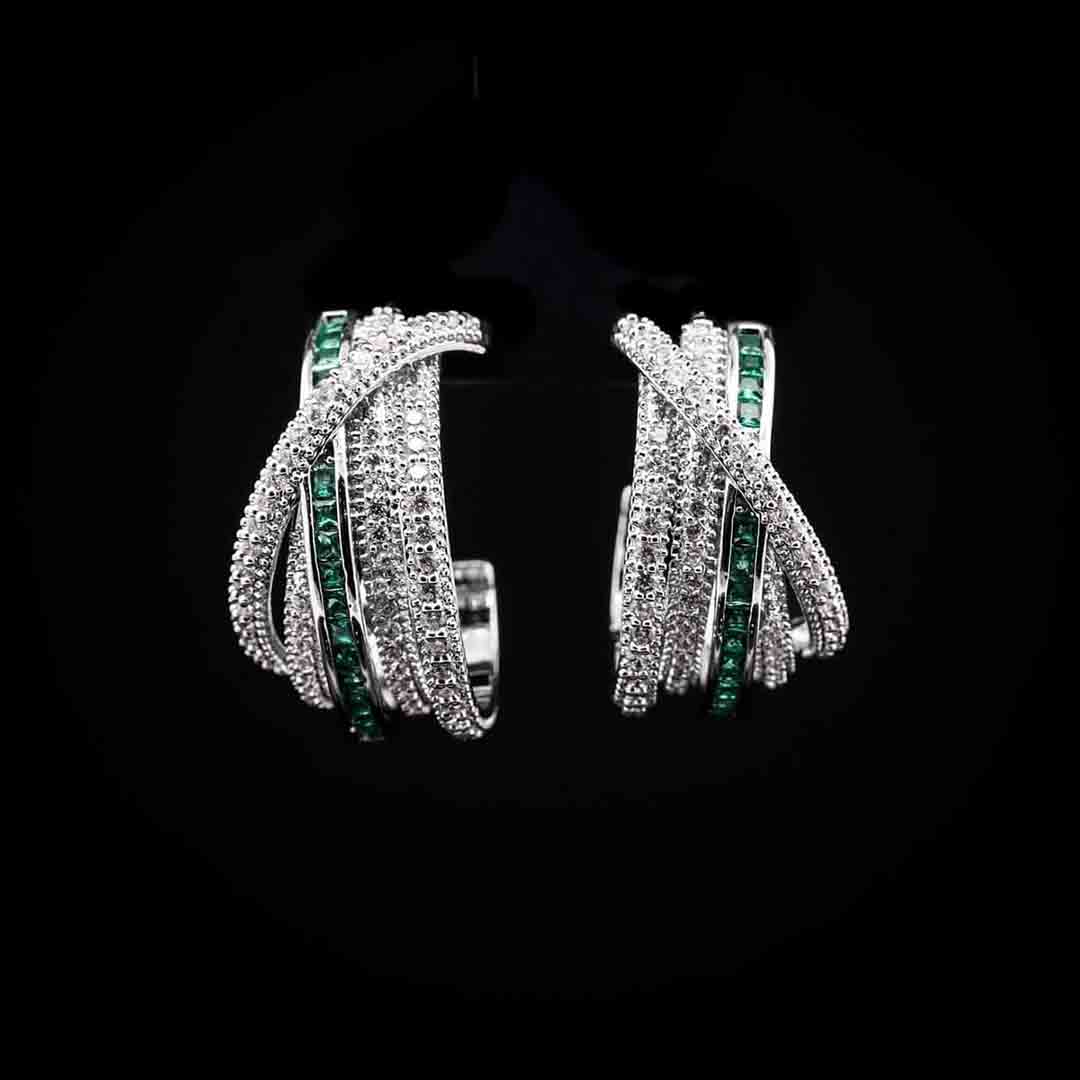Omnia Emerald Radiance Double Tone Wrap Hoop Earrings in High Quality Rhodium Plated image number null