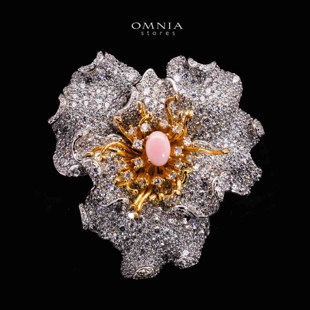 Omnia Fiora Pink Coral Flower Silver Brooch in 925 Silver High Quality White Simulated Diamond Stones image number null