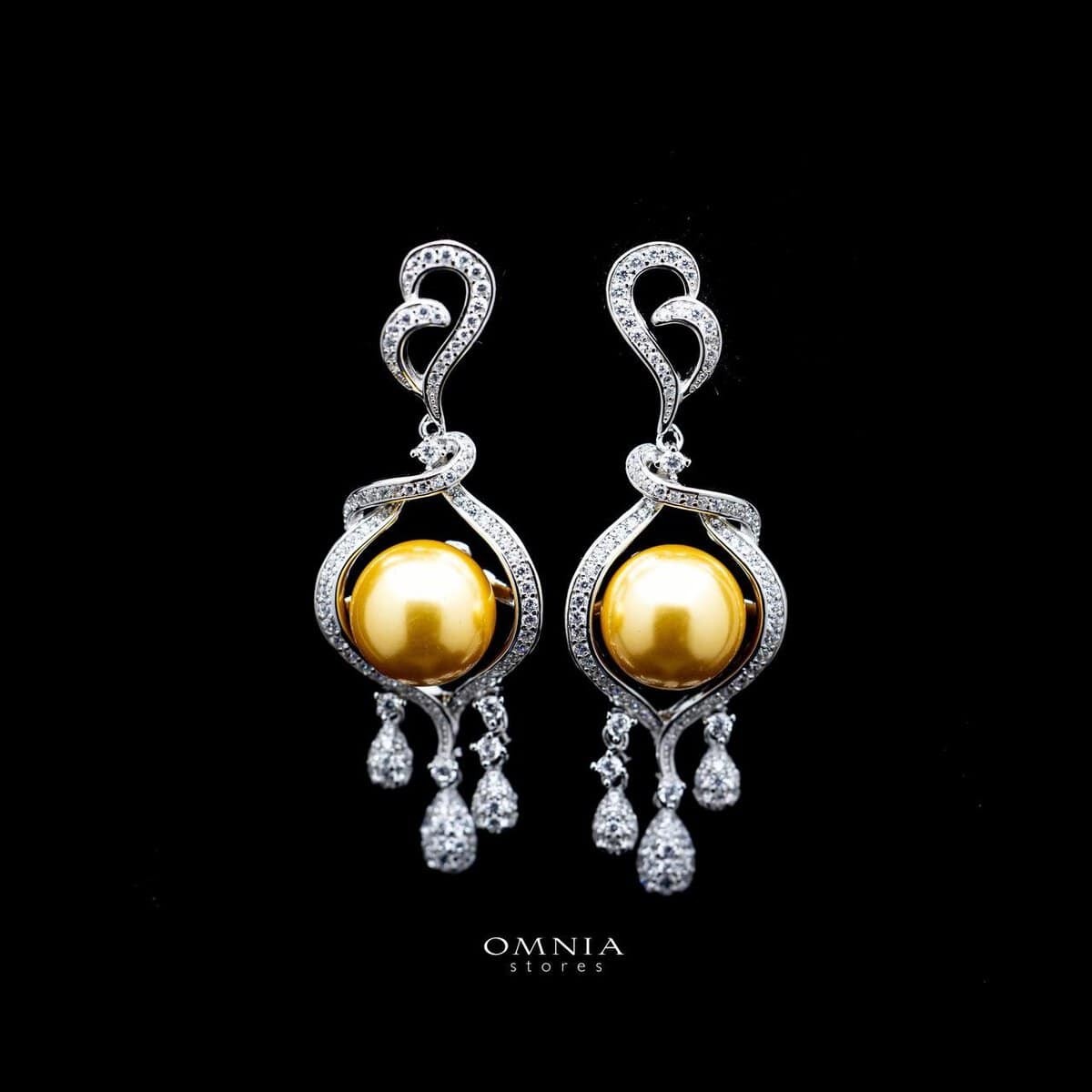 Omnia Amara Yellow Pearl Drop Earrings in 92.5 Silver with High Quality Simulated Diamonds image number null