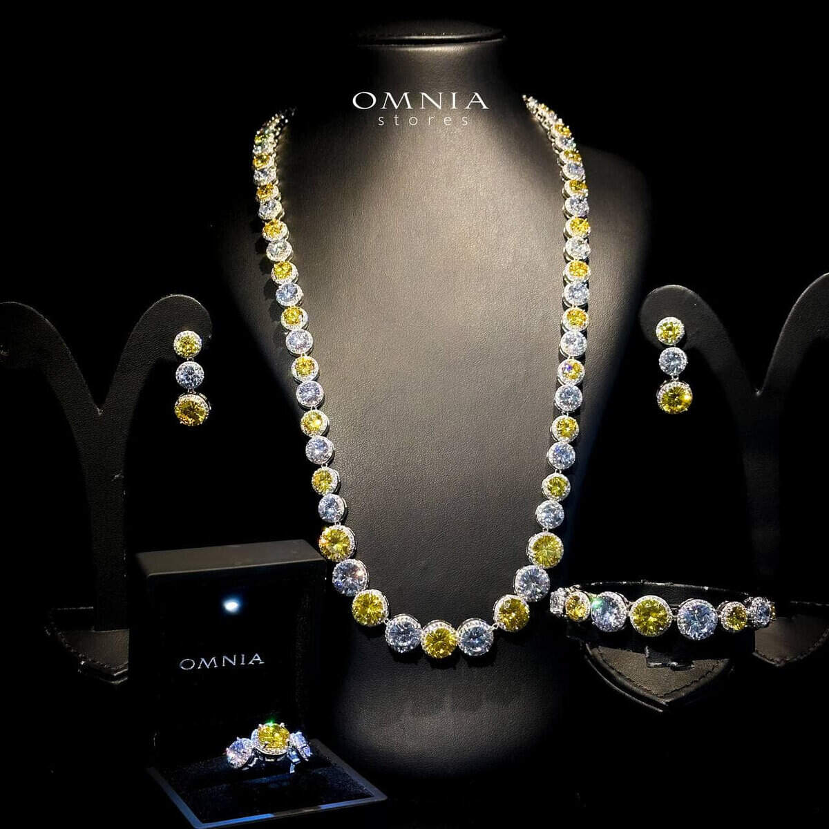 Omnia Sovana Long Chain Set in 92.5 Pure Silver Set High Quality Zircon Stone in Rhodium Plated image number null