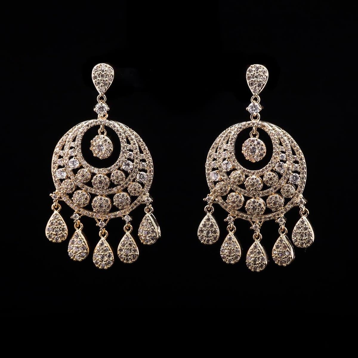 Omnia Crescent Golden Drop Earrings in High-Quality Zircon Stone and Rhodium Plated image number null