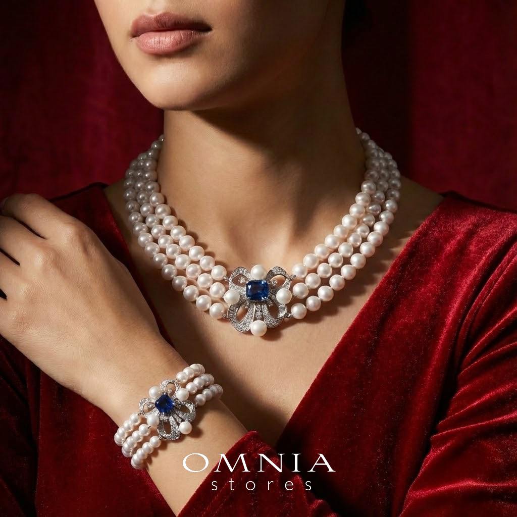 Mahboobeh Blue Pearl Necklace and Bracelet Set in 925 Silver with High Quality Simulated Diamonds image number null