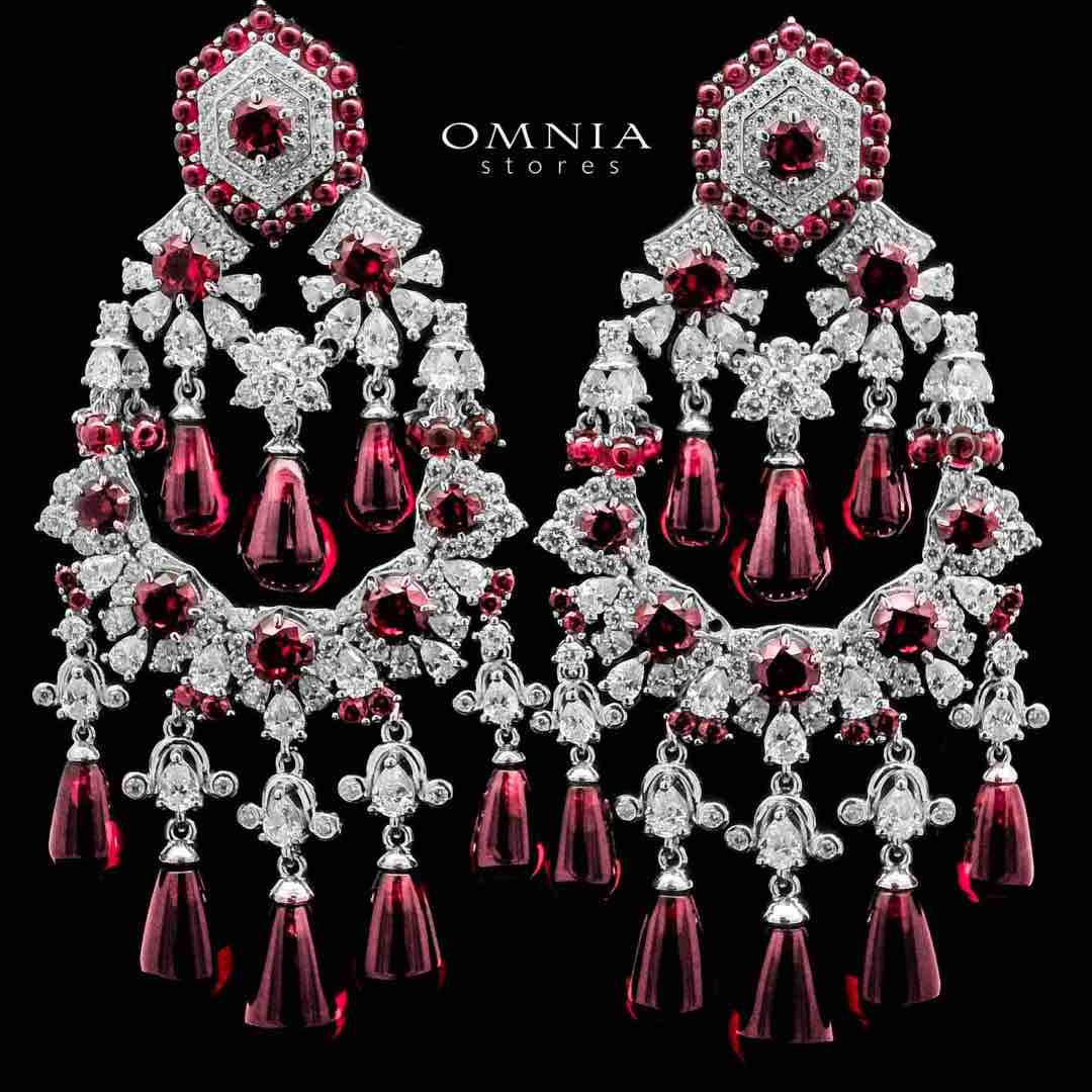 Omnia Nawwar Red and Pink Drop Earrings With High Quality Lab Crafted Diamonds In 925 Silver image number null