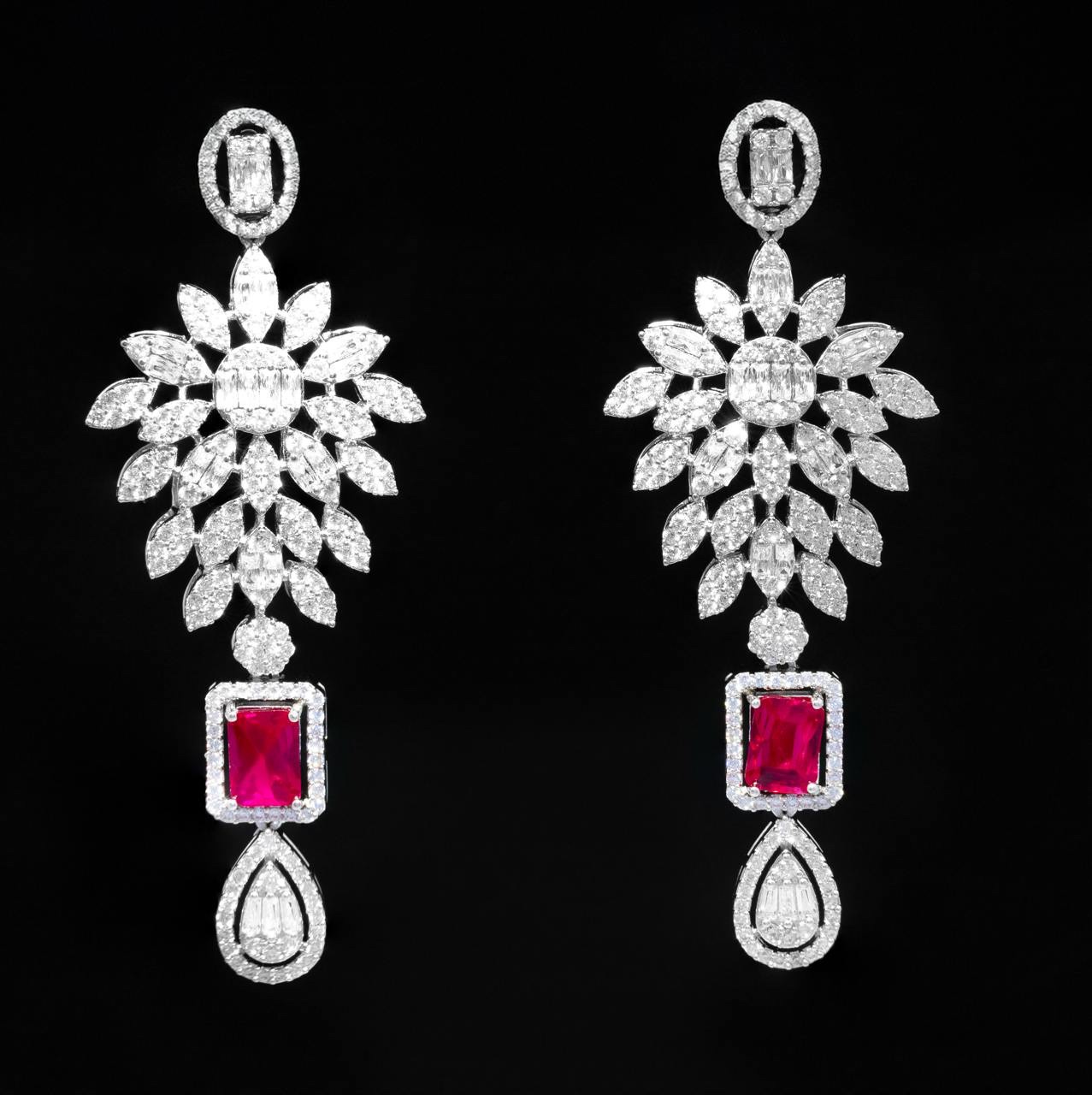 Omnia Duha Red Long Chain Full Set Accessories in High Quality Zircon Stone Rhodium Plated image number null