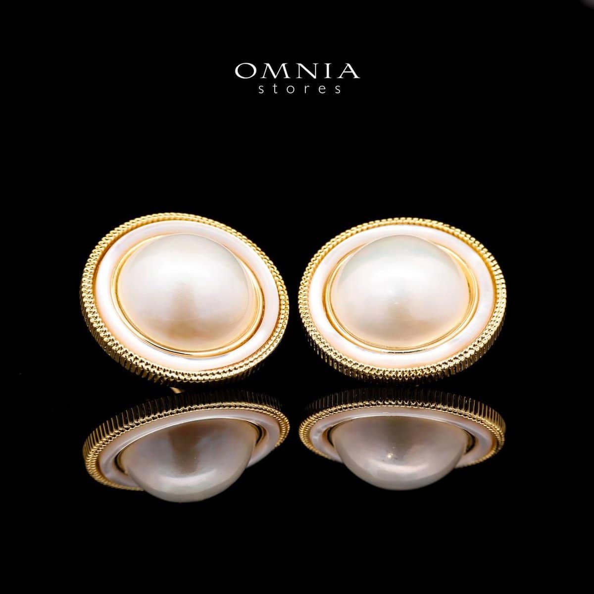 Omnia Leona White Mabel Pearl Classic Stud Earrings with Textured Beaded Frame in Brass with Gold Plated Finish image number null