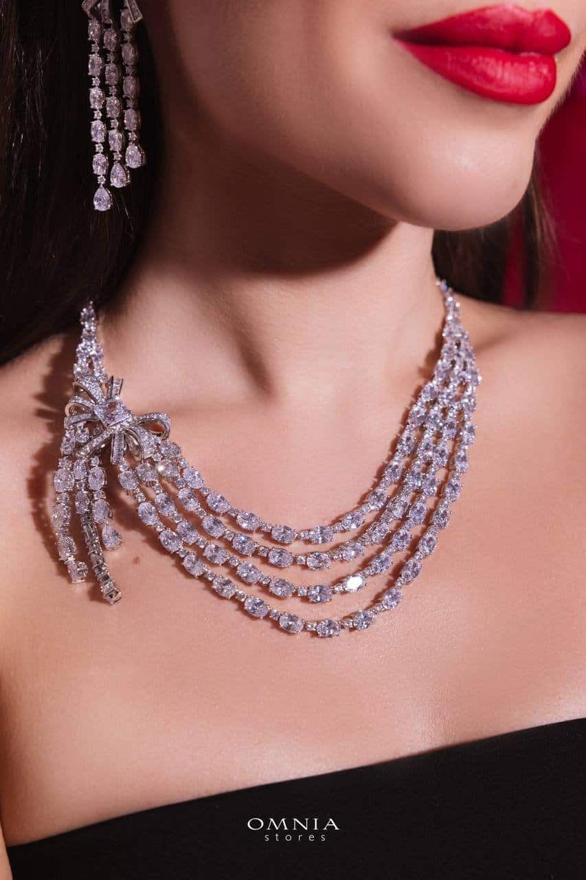 Omnia Mawada White Luxury Bridal Full Set in High Quality Zircon Stone Rhodium Plated (16cm only available in KSA) image number null