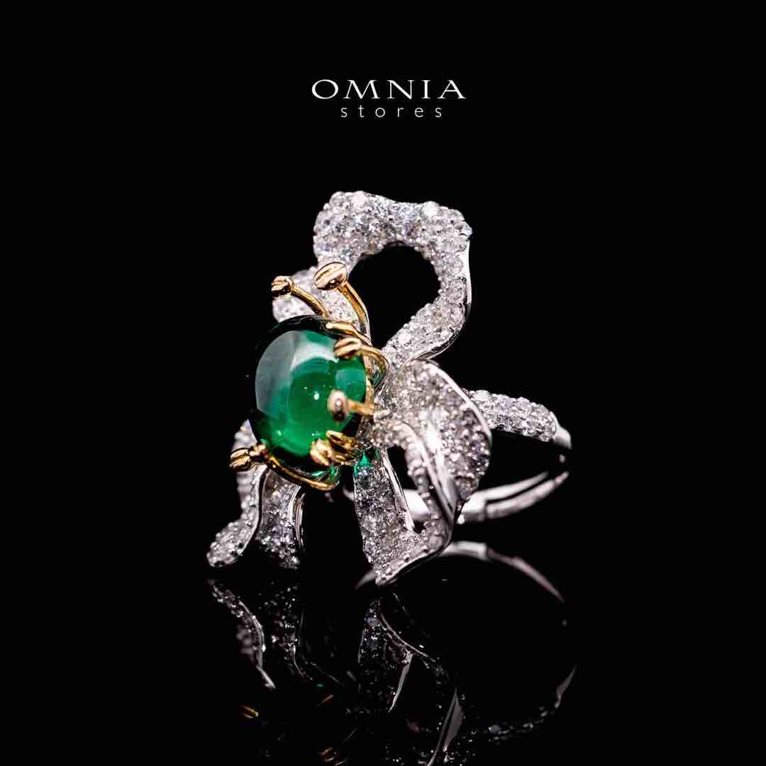 Omnia Zeenat Green and White Flower Silver Ring in 925 Silver High Quality Simulated Diamonds Stones image number null