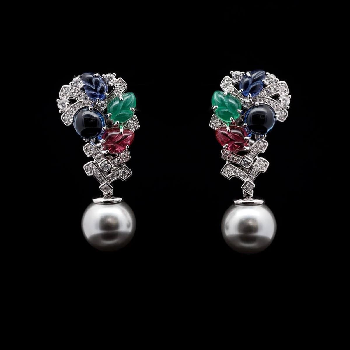 Omnia Amira Multicolor Floral Design Pearl Drop Earrings in 92.5 Silver with High-Quality Simulated Diamonds image number null