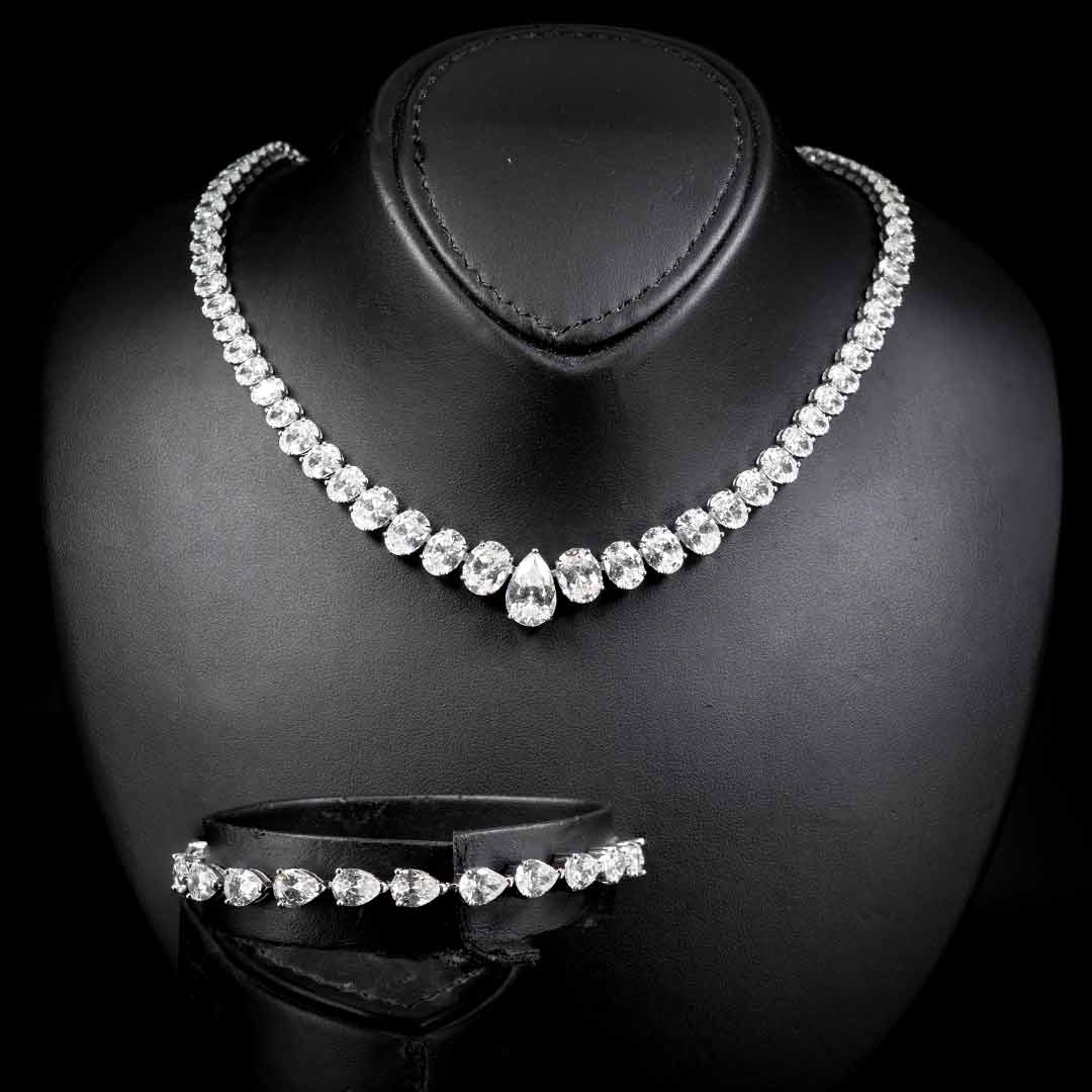 Omnia Durrah Necklace and Bracelet Set 925 Silver in High Quality White Simulated Diamonds Stones image number null
