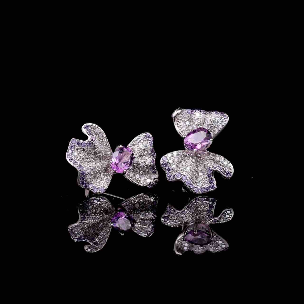 Omnia Hazel Floral Drop Earrings with Purple Gemstone Accents in 92.5 Silver and High-Quality Simulated Diamonds image number null