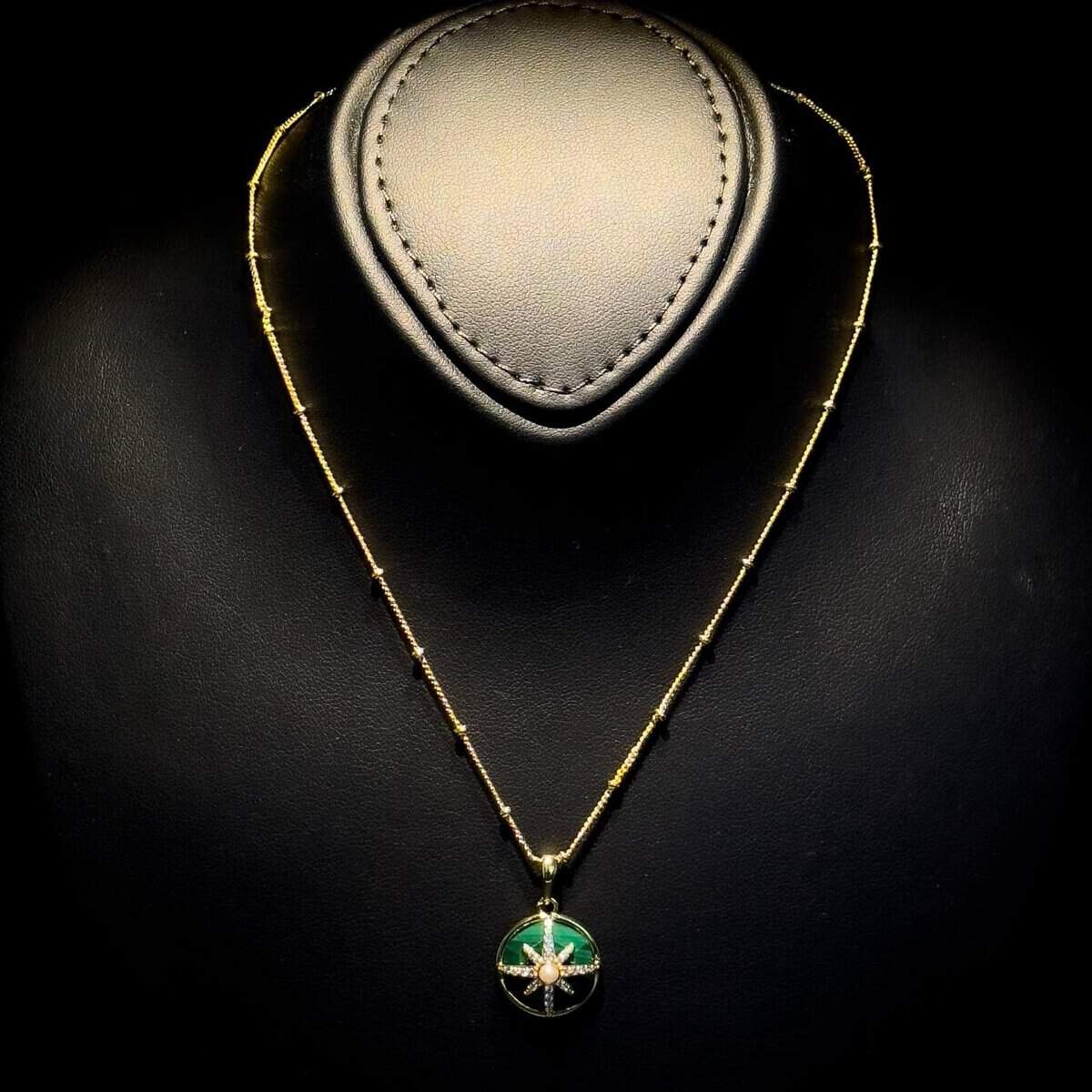 Omnia Afiya Necklace in Malachite Stone in High Quality Zircon Stone in Rhodium Plated image number null