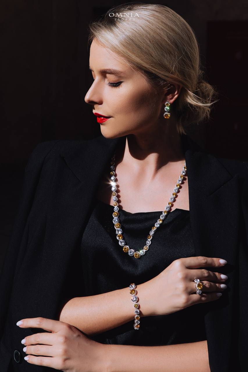 Omnia Sovana Long Chain Set in 92.5 Pure Silver Set High Quality Zircon Stone in Rhodium Plated image number null