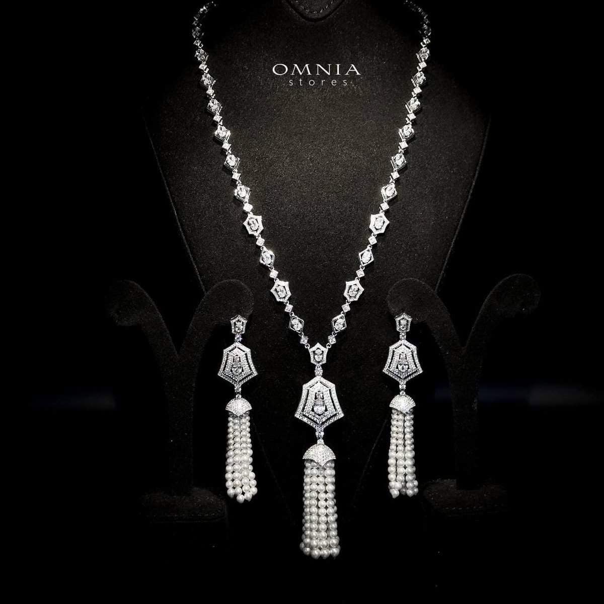 Omnia Lulu White Set in 92.5 Silver with High Quality Simulated Diamonds and Pearl Tassel Detailing image number null