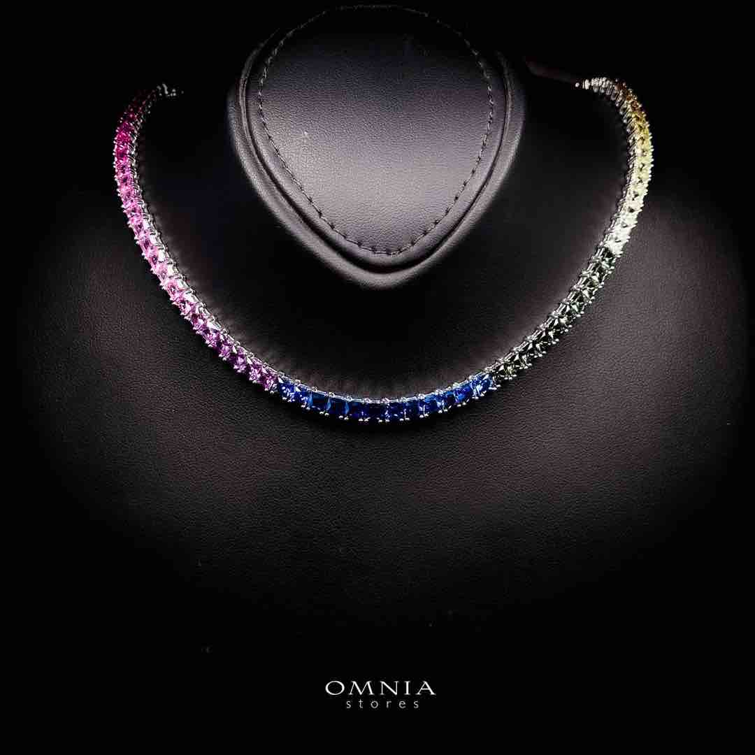 Omnia Zaha Rainbow Silver Tennis Necklace in 925 Silver With GRC Certifited High Quality Sapphire Lab Grown Stones SQ 4x4mm image number null