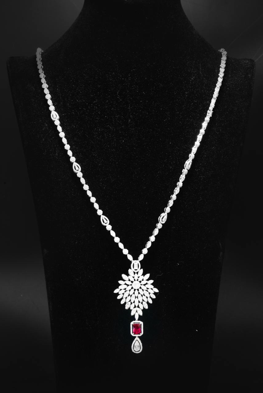 Omnia Duha Red Long Chain Full Set Accessories in High Quality Zircon Stone Rhodium Plated image number null