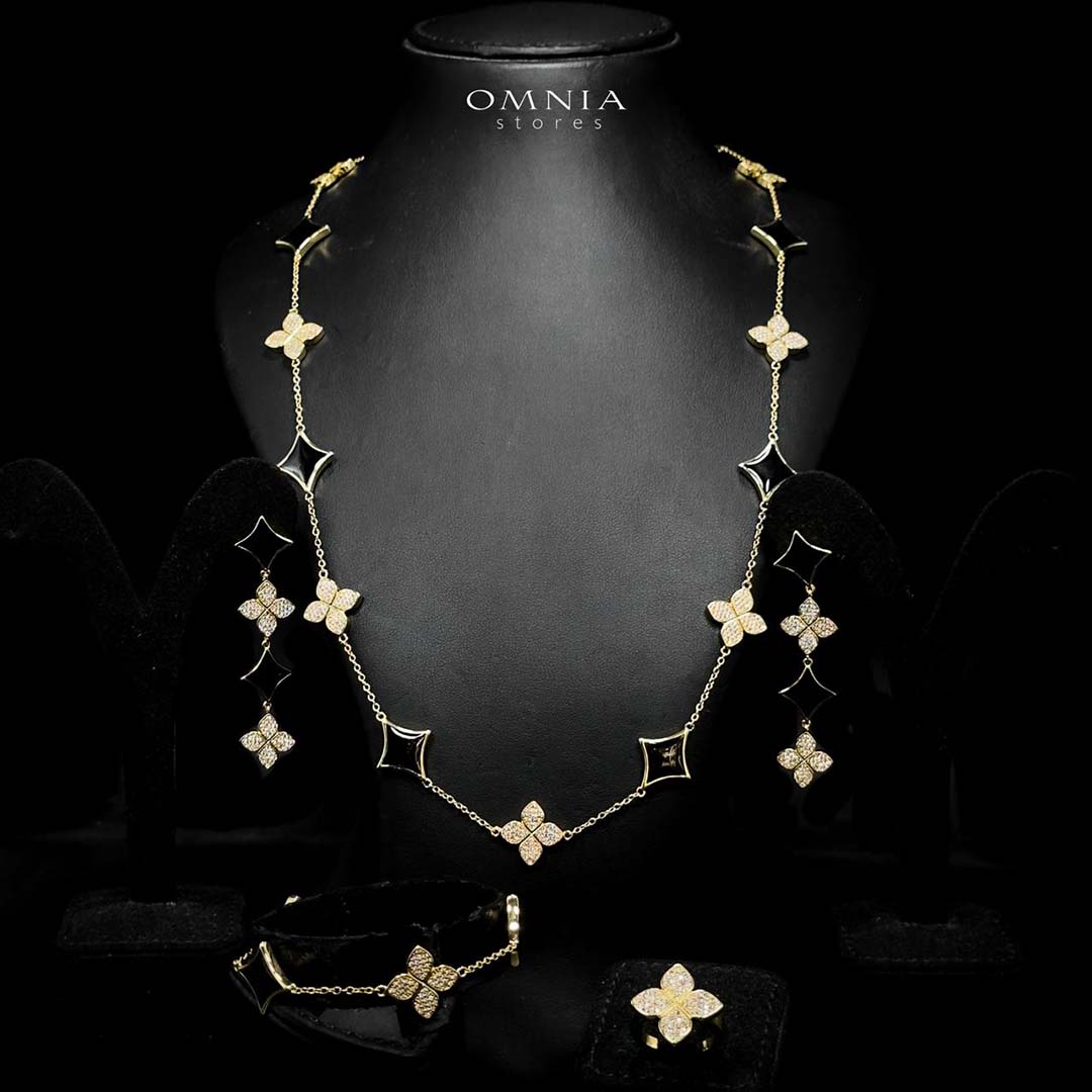 Omnia Golden Clove Black Long Chain Full Set with High-Quality Simulated Diamonds 18k Gold Plated 100cm image number null