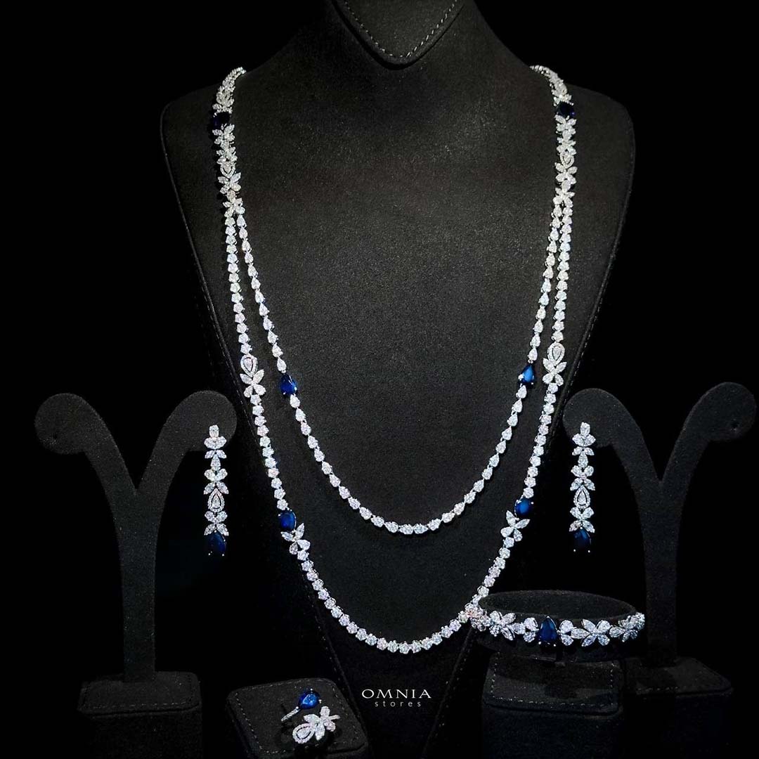 Omnia Yaza Bridal Blue Long chain Set High Quality Zircon Stone In Rhodium Plated (16cm onlu available in KSA) image number null