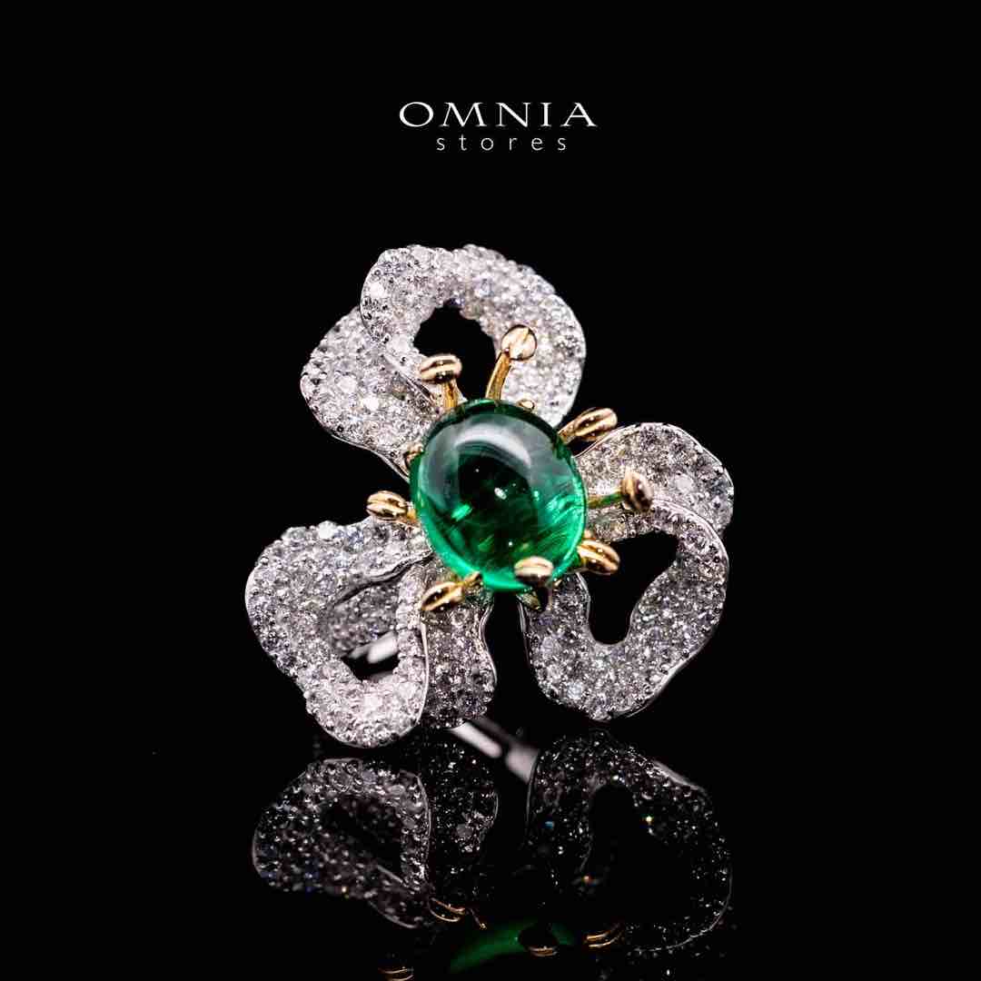 Omnia Zeenat Green and White Flower Silver Ring in 925 Silver High Quality Simulated Diamonds Stones image number null