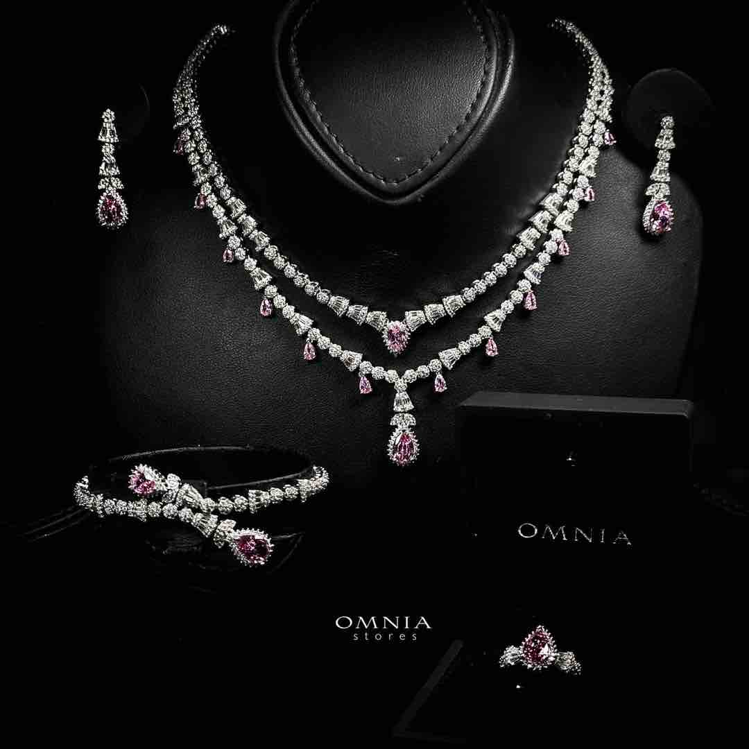 Omnia Ghada Pink Bridal Full Set with Rhodium Plated in High Quality Zircon Stone Rhodium Plated image number null
