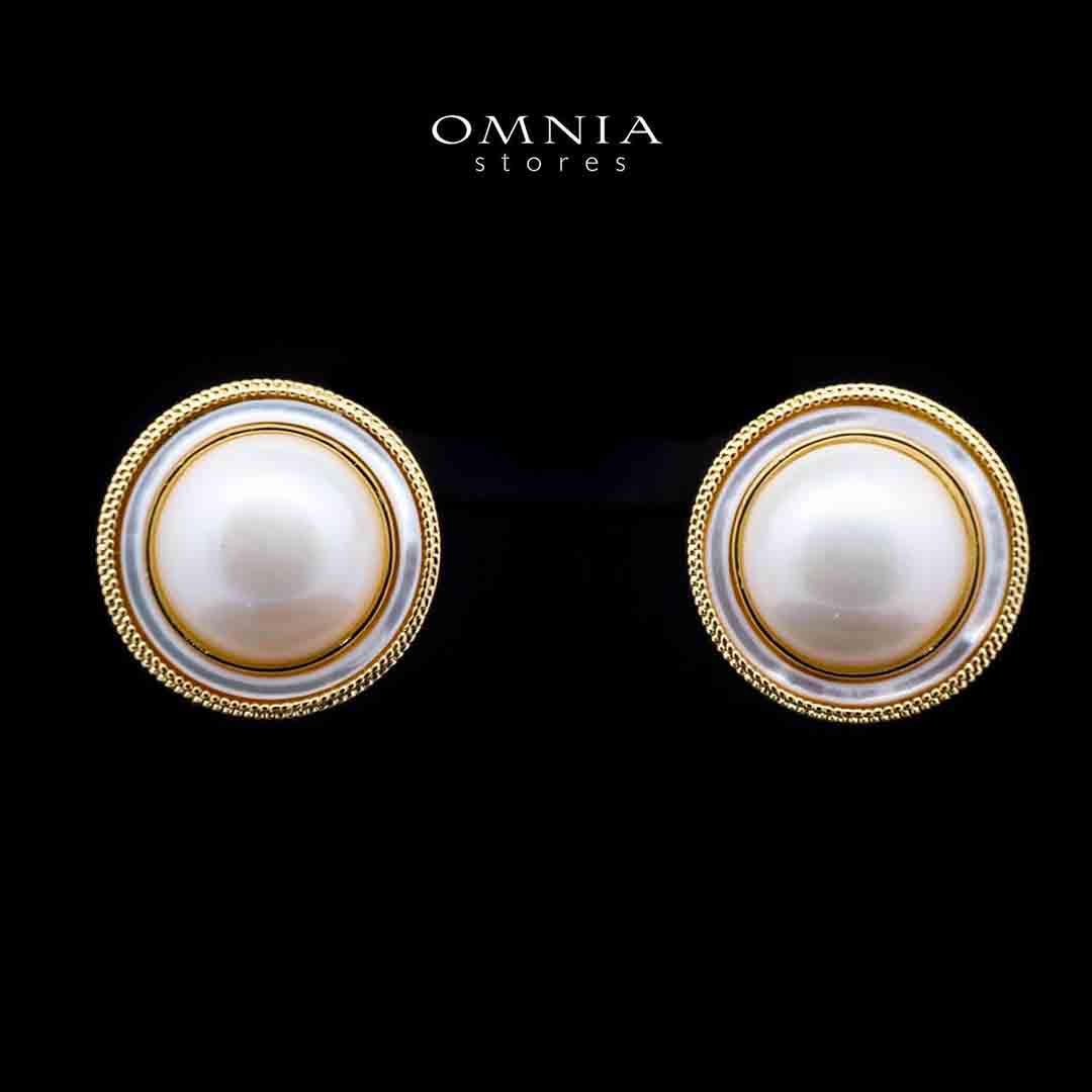 Omnia Leona White Mabel Pearl Classic Stud Earrings with Textured Beaded Frame in Brass with Gold Plated Finish image number null