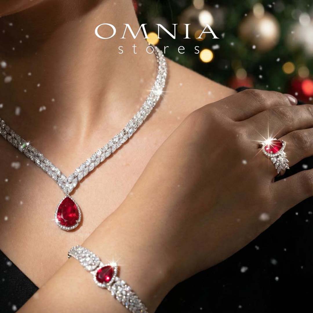 Omnia Aamira Teardrop-Design Bridal Red Full Set with High-Quality Zircon Stones in Rhodium-Plated Finish image number null