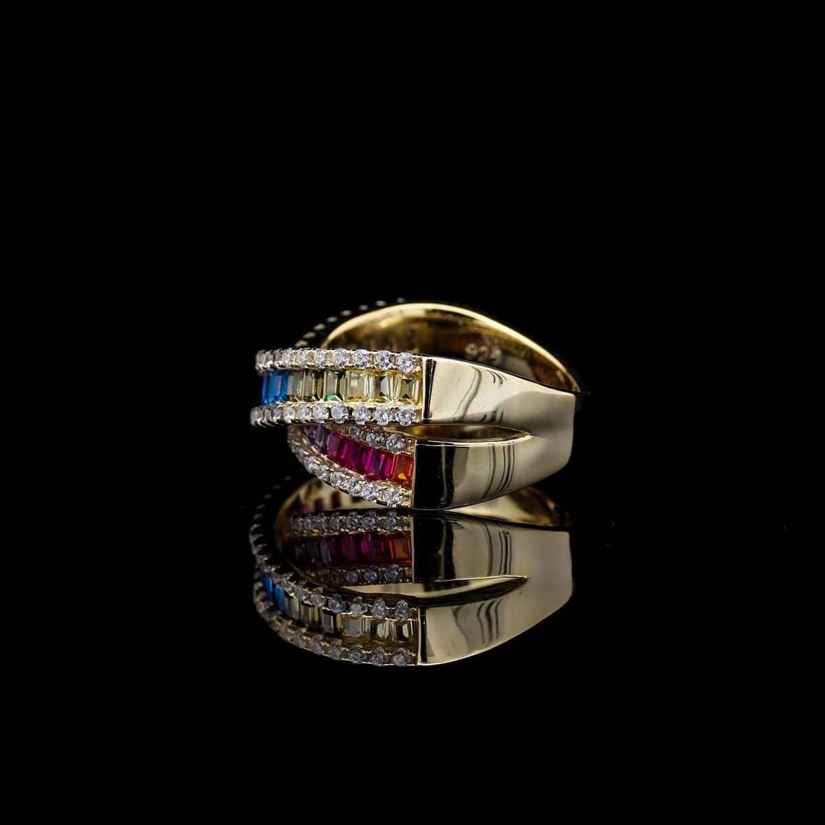 Omnia Dana Multi-Colored Criss-Cross Ring in Pure Gold with High-Quality Simulated Diamonds image number null