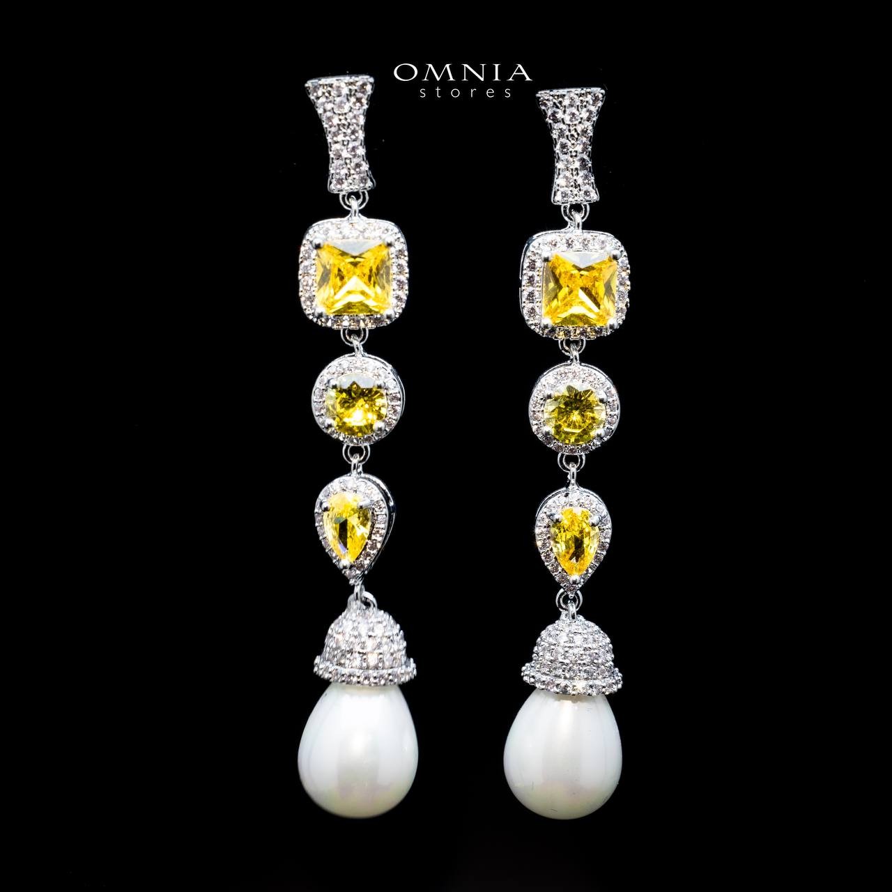 Omnia Farida Pearl Drop Earrings with High Quality Yellow Zircon Stone in Rhodium Plated image number null
