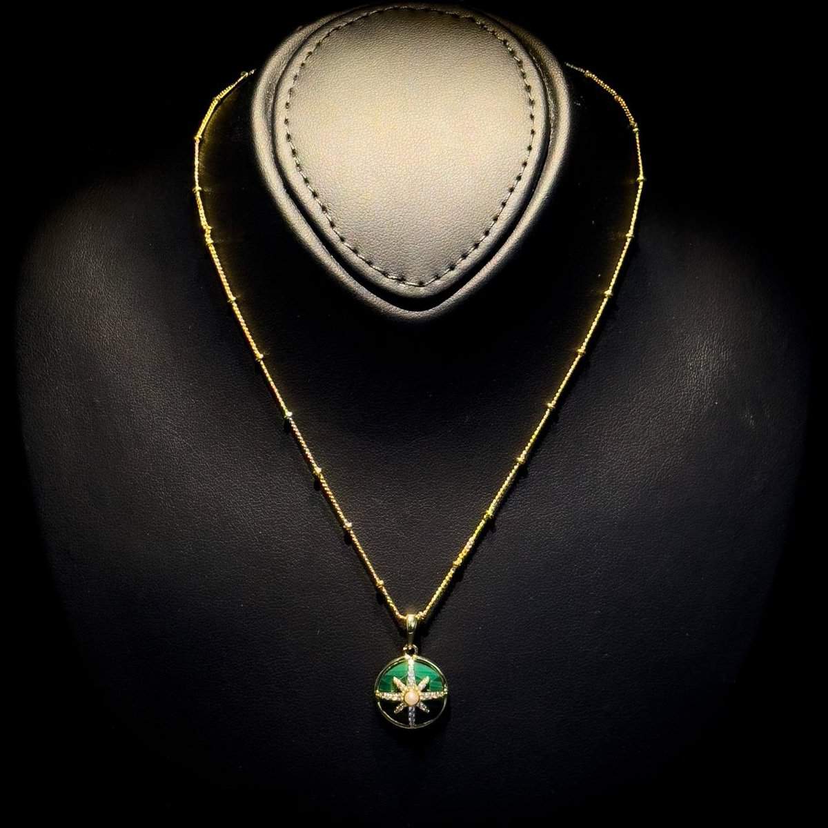 Omnia Afiya Necklace in Malachite Stone in High Quality Zircon Stone in Rhodium Plated image number null
