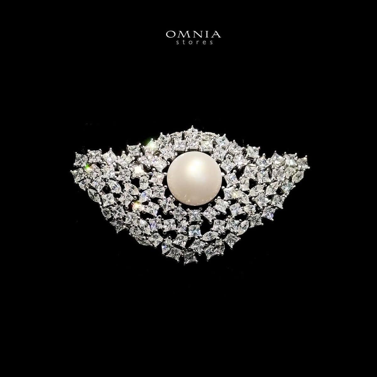 Omnia Radiant Real Freshwater Pearl Brooch in 92.5 Silver with High Quality Simulated Diamonds image number null