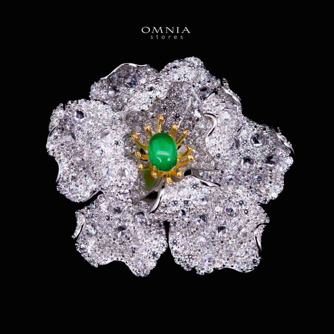 Omnia Riyana Green and Gold Flower Brooch  in 925 Silver High Quality Simulated Diamond Stones image number null