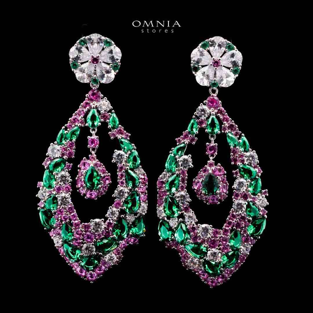 Omnia Evelien Silver Drop Earrings in 925 Silver with High-Quality Multi Color Simulated Diamonds image number null