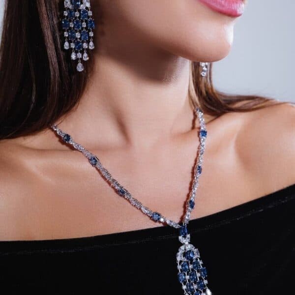 Omnia Israa Blue Chandelier Earrings In 92.5 Silver High Quality Simulated diamonds image number null