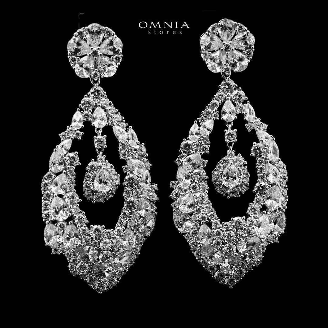 Omnia Evelien Silver Drop Earrings in 925 Silver with High-Quality White Simulated Diamonds image number null