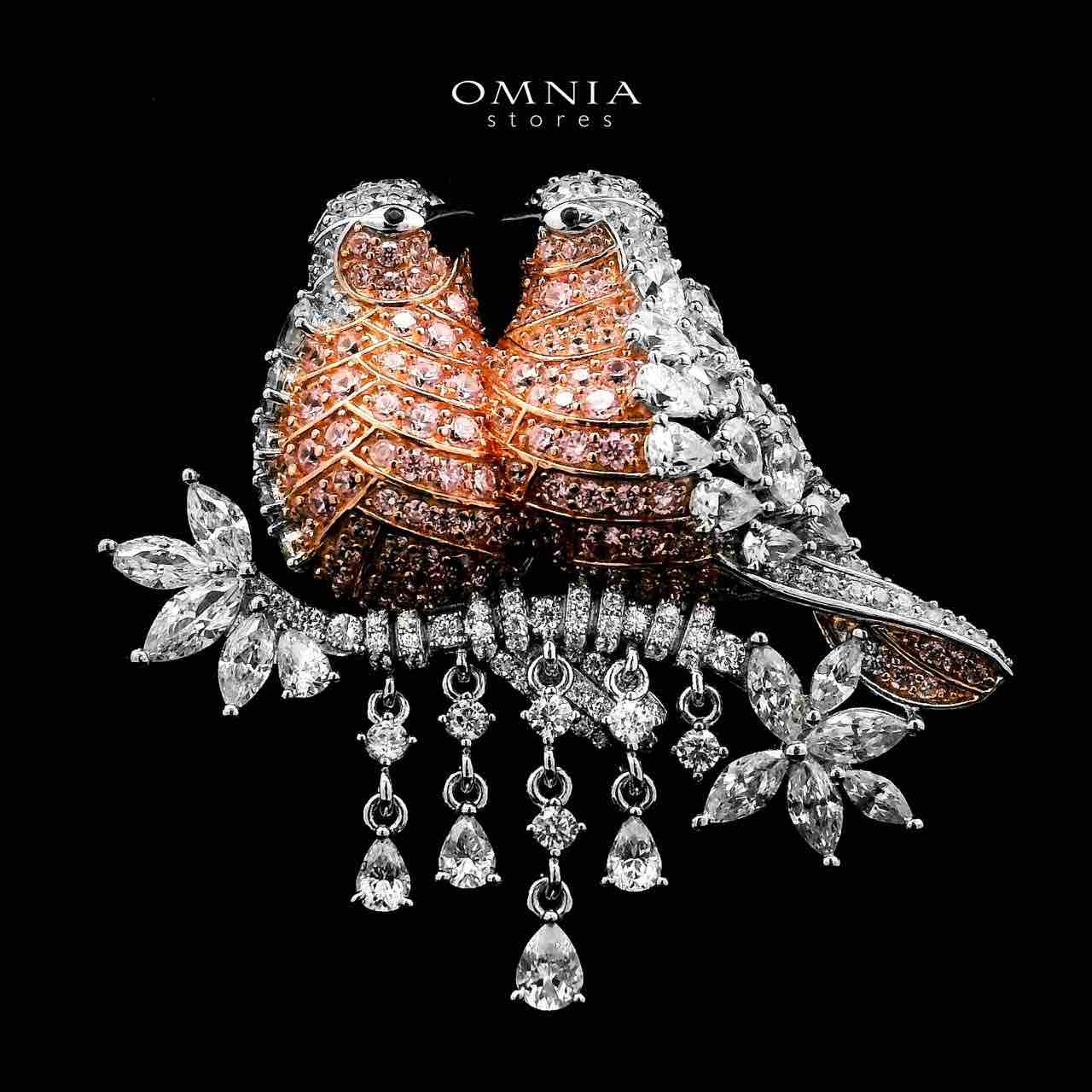 Omnia Amelie Bird Design Rose Gold and Silver Brooch in 925 Silver with High-Quality Simulated Diamonds image number null