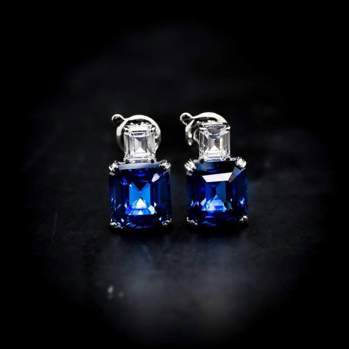 Omnia Candice Blue Emerald Cut Clip-On Earrings in 92.5 Silver with High Quality Simulated Diamonds image number null