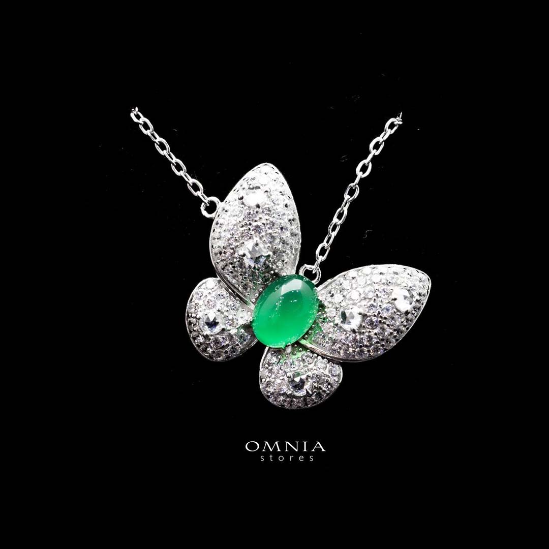 Omnia Layan Butterfly Pendant Necklace with Emerald Stone in 92.5 Silver High Quality Simulated Diamonds image number null
