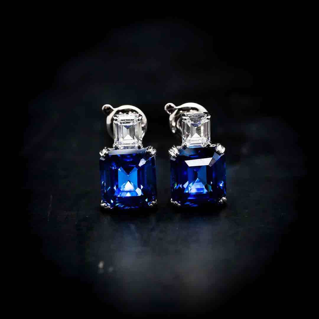 Omnia Candice Blue Emerald Cut Clip-On Earrings in 92.5 Silver with High Quality Simulated Diamonds image number null