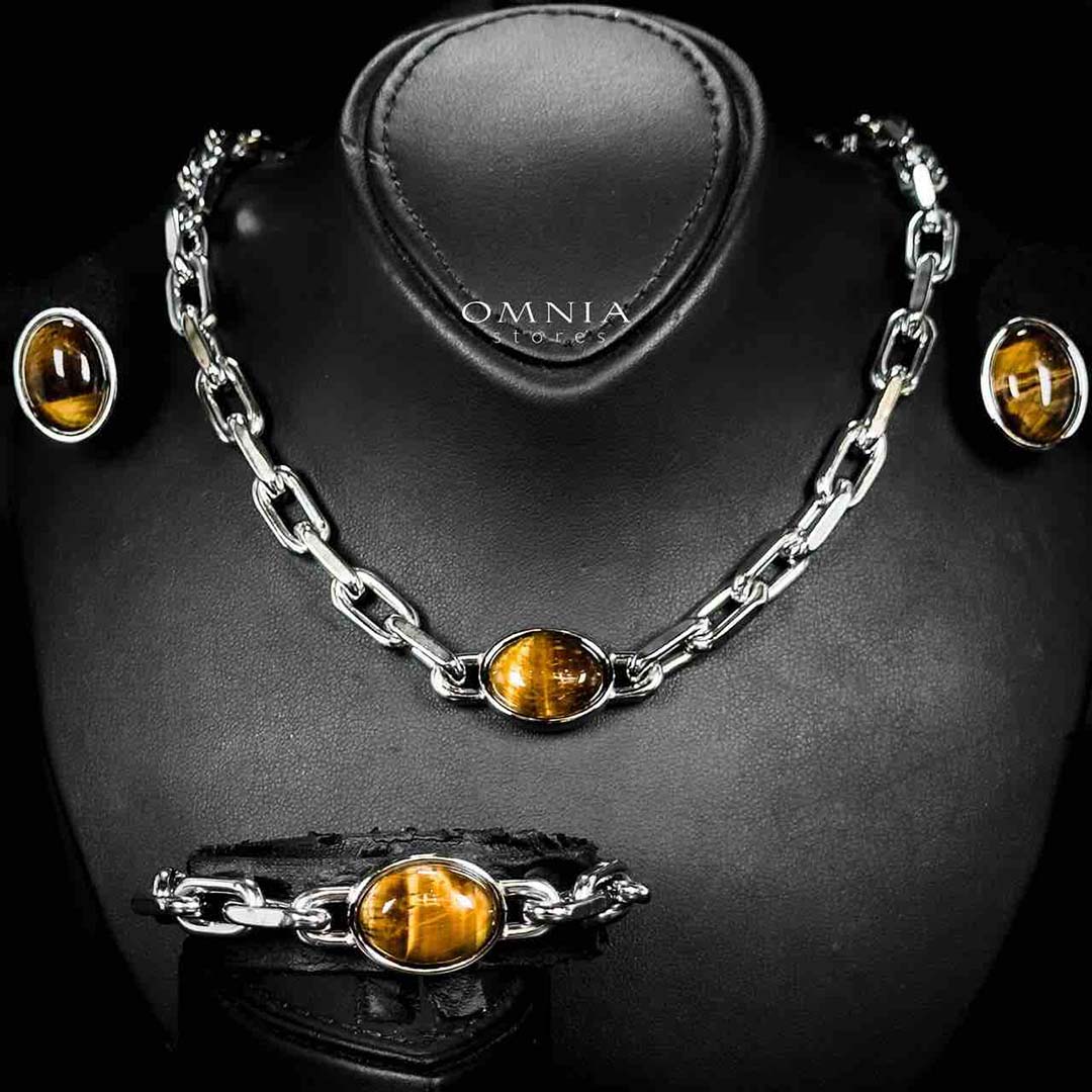 Omnia Caliya Silver Color Necklace,Bracelet and Earrings Set in High-Quality 8mm Stainless Steel with Brown Stone image number null