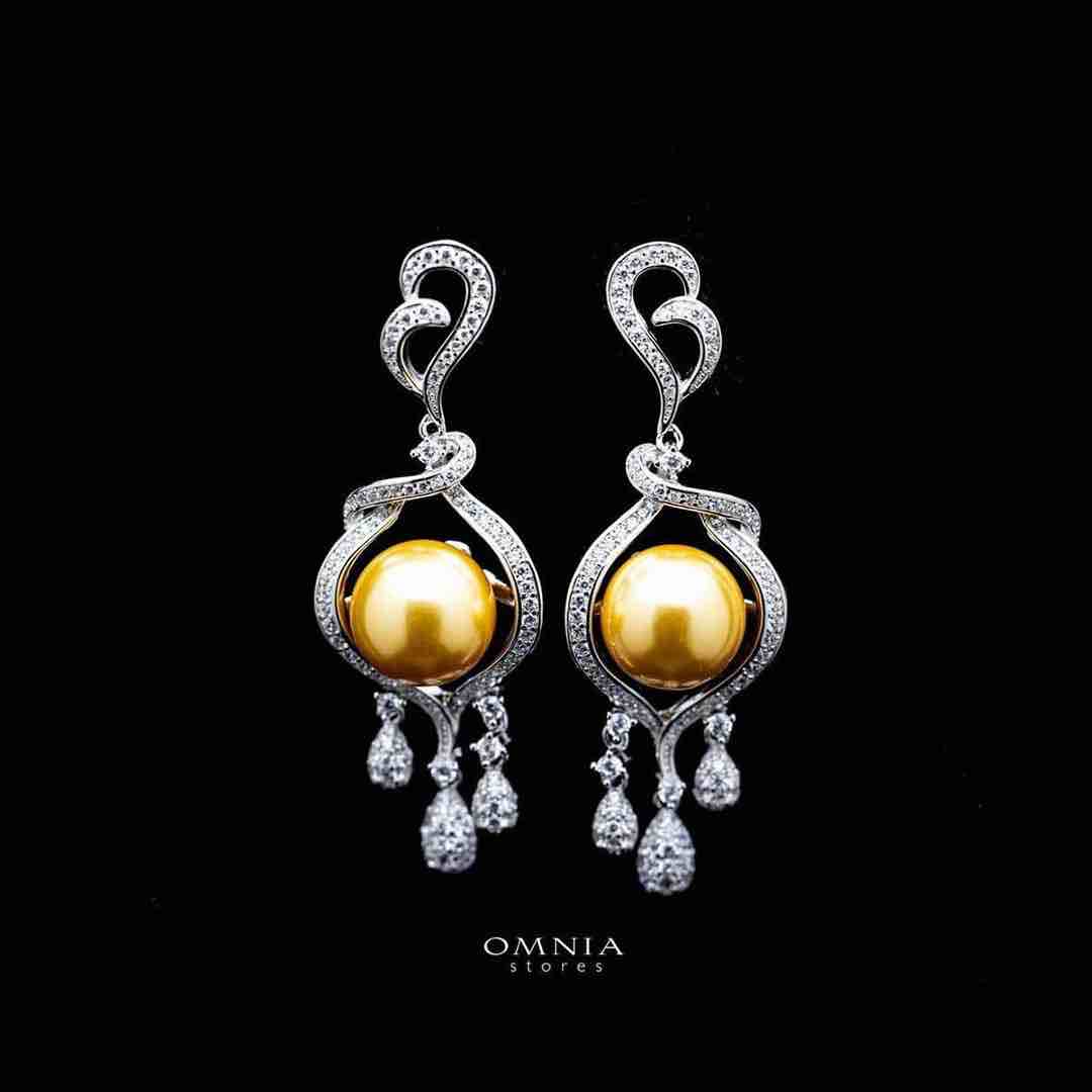 Omnia Amara Yellow Pearl Drop Earrings in 92.5 Silver with High Quality Simulated Diamonds image number null