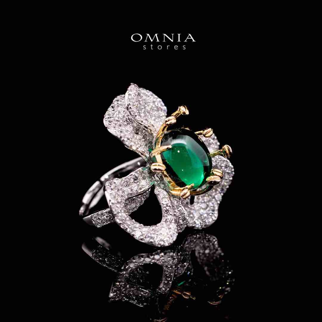 Omnia Zeenat Green and White Flower Silver Ring in 925 Silver High Quality Simulated Diamonds Stones image number null