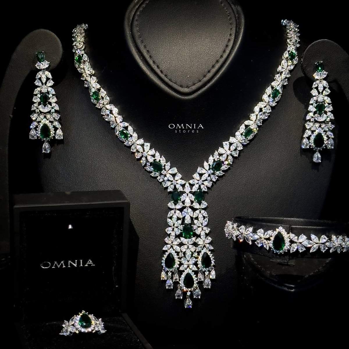Omnia Shamma Green Bridal Full Set Accessories High Quality Zircon Stone in Rhodium Plated image number null
